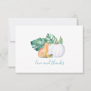 Tropische bladeren, vos- en pompoenkaart bedankkaart