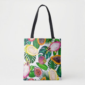 Tropische bladeren, vruchten, gouache naadloos pat tote bag