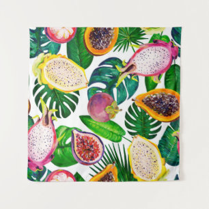 Tropische bladeren, vruchten, gouache naadloos pat wandkleed