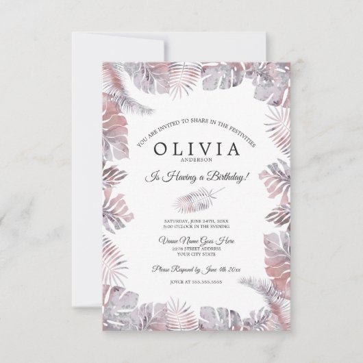 Tropische bladeren Waterverf Birthday Mauve Roos Kaart (Voorkant)