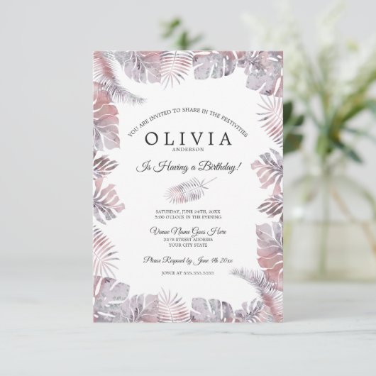 Tropische bladeren Waterverf Birthday Mauve Roos Kaart (Staand voorkant)