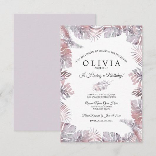 Tropische bladeren Waterverf Birthday Mauve Roos Kaart (Voorkant / Achterkant)