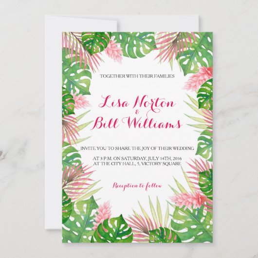 Tropische bladeren waterverf bruiloft uitnodiging (Voorkant)