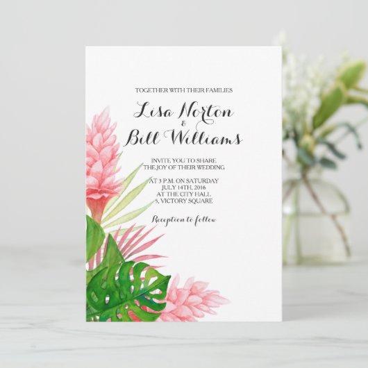 Tropische bladeren waterverf bruiloft uitnodiging (Staand voorkant)