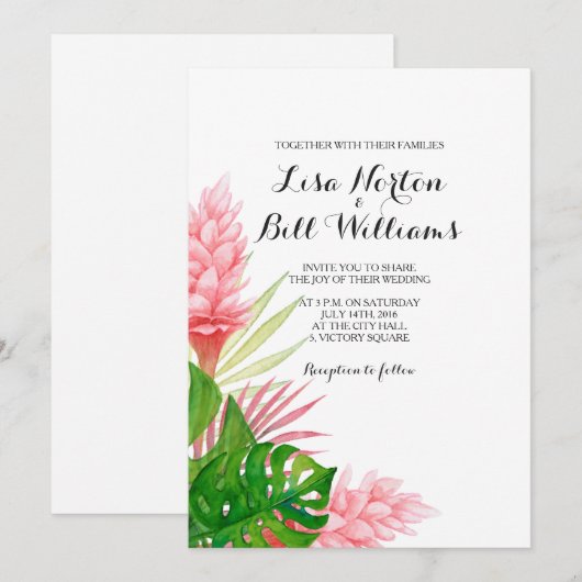 Tropische bladeren waterverf bruiloft uitnodiging (Voorkant / Achterkant)