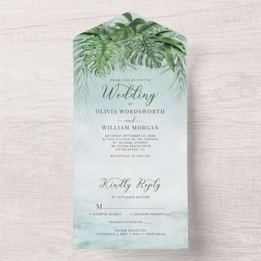 Tropische bladeren Waterverf Greenery Beach Weddin All In One Uitnodiging (Binnen)