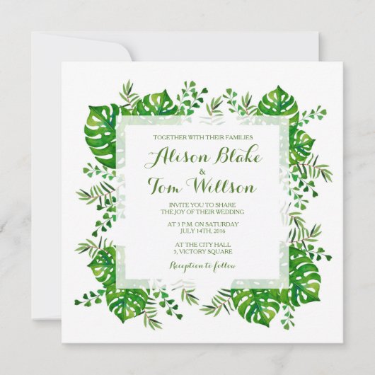 Tropische bladeren waterverf huwelijksuitnodiging kaart (Voorkant)