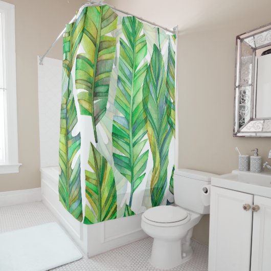 Tropische bladeren: Waterverf naadloos patroon Douchegordijn (In situ)