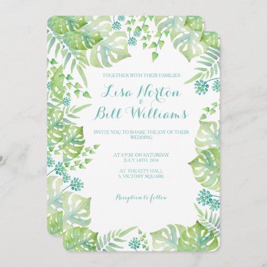 Tropische bladeren waterverf trouwuitnodiging kaart (Voorkant / Achterkant)