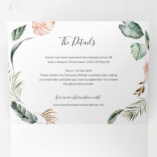 Tropische bladeren Weduwfoto met RSVP QR-code Drieluik Uitnodiging (Binnenzijde eerst)