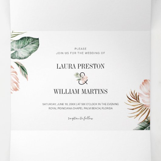 Tropische bladeren Weduwfoto met RSVP QR-code Drieluik Uitnodiging (Binnenkant midden)