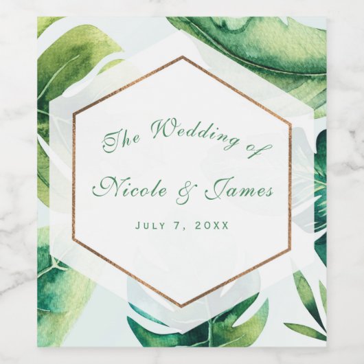 Tropische bladeren Wit Groen Goud aangepaste wijn Wijn Etiket (Enkel label)