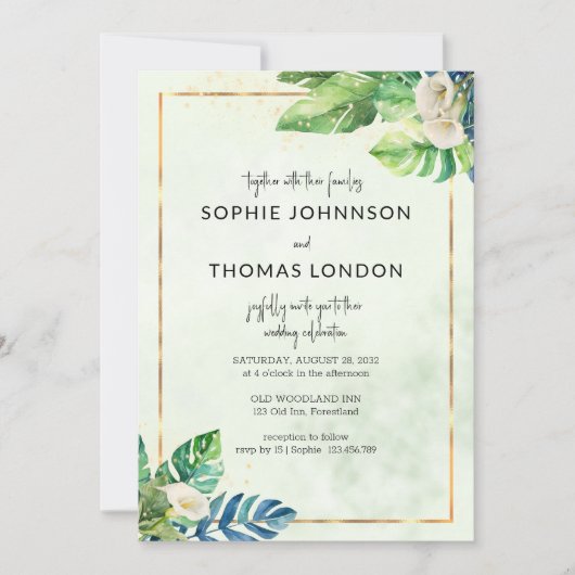 Tropische bladeren & witte callas waterverf bruilo kaart (Voorkant)