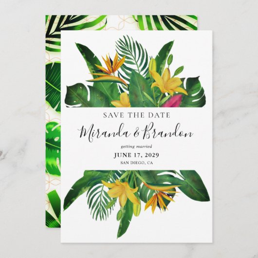 Tropische bladeren Witte Lijst Beach Weddenschap Save The Date (Voorkant / Achterkant)