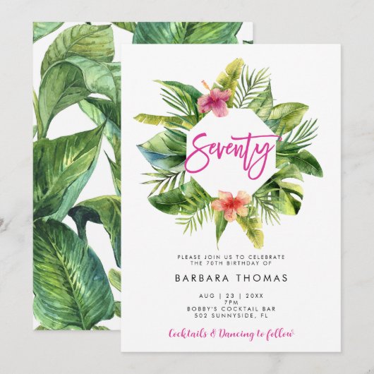 Tropische bladeren zeventig verjaardagsfeestuitnod kaart (Voorkant / Achterkant)