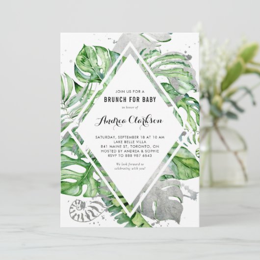 Tropische bladeren Zilver Foil Summer Baby shower Kaart (Staand voorkant)