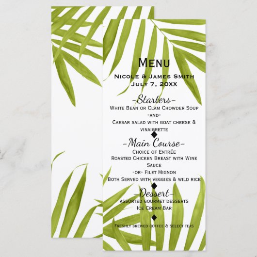 Tropische bladeren zomer elegante bruiloft menu (Voorkant / Achterkant)