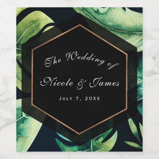 Tropische bladeren Zwart Groen Goud Custom Wine Wijn Etiket (Enkel label)