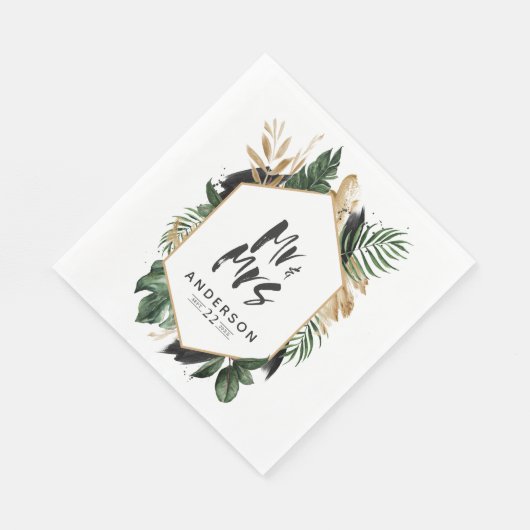 Tropische bladluier Mr & Mrs bruiloft servetten (Hoek)
