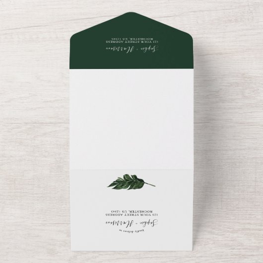 Tropische bladzijden groen en gouden bruiloft all in one uitnodiging (Buitenkant)