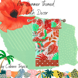 Tropische bladzijden rood, groen, koraal, Blauwgro Bad Handdoek