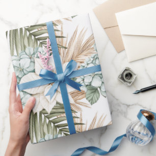 Tropische Blau Witte Bloemen Bruiloft Cadeaupapier