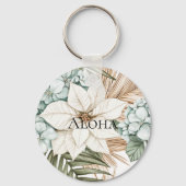 Tropische Blau Witte Bloemen Bruiloft Sleutelhanger (Voorkant)