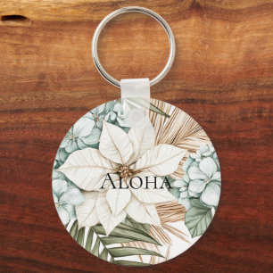 Tropische Blau Witte Bloemen Bruiloft Sleutelhanger