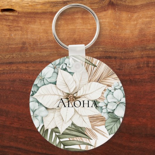 Tropische Blau Witte Bloemen Bruiloft Sleutelhanger (Voorkant)