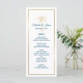 Tropische Blauwe Gouden Palmboom Strand Bruiloft Menu (Staand voorkant)