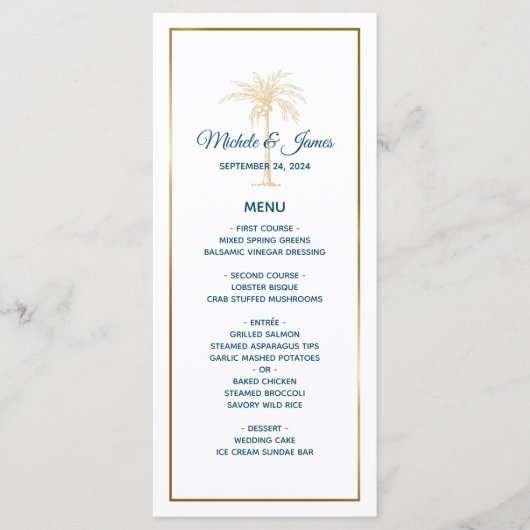 Tropische Blauwe Gouden Palmboom Strand Bruiloft Menu (Voorkant)