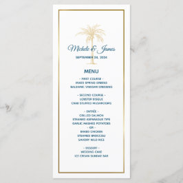 Tropische Blauwe Gouden Palmboom Strand Bruiloft Menu