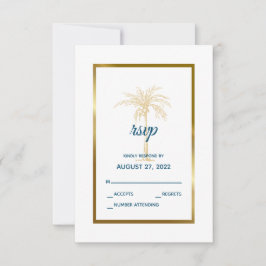 Tropische Blauwe Gouden Palmboom Strand Bruiloft RSVP Kaartje