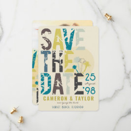 Tropische blauwe handpalmen met boomstammen Tekstf Save The Date