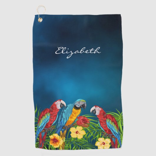 Tropische blauwe hemelparrots bladeren zomernaam golfhanddoek (Voorkant)
