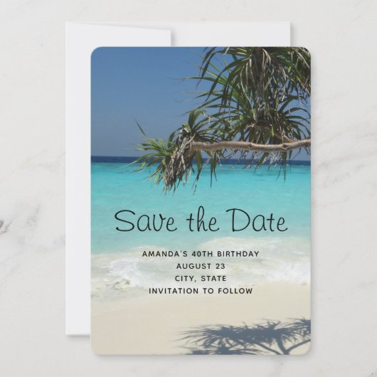 Tropische blauwe oceaanstrand foto Birthday Save The Date (Voorkant)