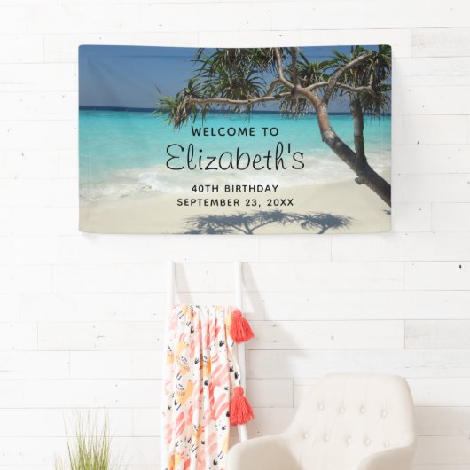 Tropische blauwe oceaanstrand foto Birthday Spandoek (Insitu)