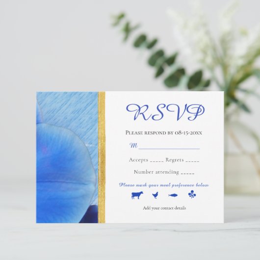Tropische blauwe Waterverf Orchids Gold Line Weddi RSVP Kaartje (Staand voorkant)