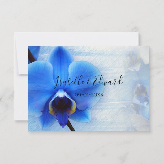 Tropische blauwe Waterverf Orchids Gold Line Weddi RSVP Kaartje (Achterkant)