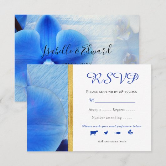 Tropische blauwe Waterverf Orchids Gold Line Weddi RSVP Kaartje (Voorkant / Achterkant)