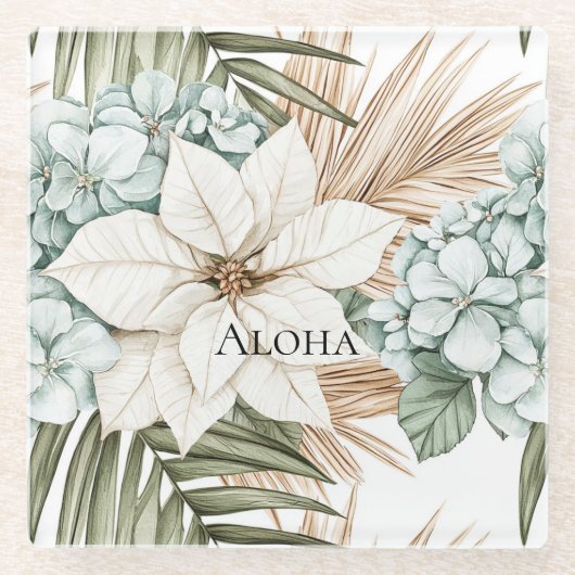 Tropische Blauwe Witte Bloemen Bruiloft Glazen Onderzetter (Voorkant)