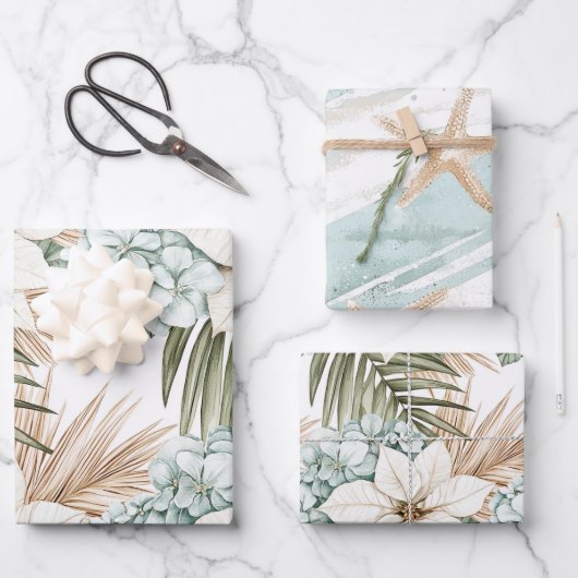 Tropische Blauwe Witte Bloemen Huwelijk Inpakpapier Vel (Voorkant)