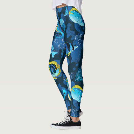 Tropische blauwgele visillustratie leggings (Links)