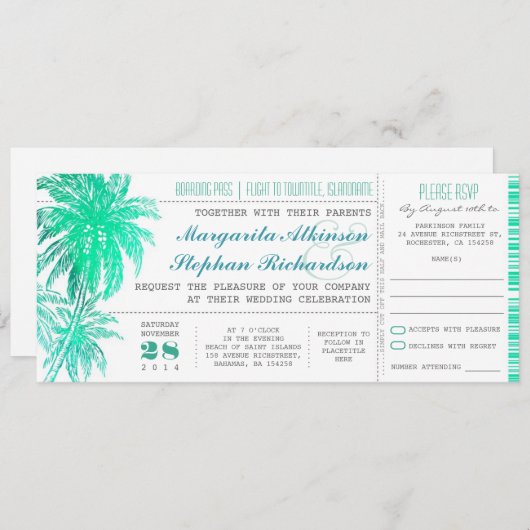 Tropische blauwgroen strand bruiloft tickets -boar kaart (Voorkant / Achterkant)