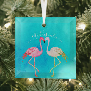 Tropische blauwgroen waterverf Monogram roze flami Glas Ornament