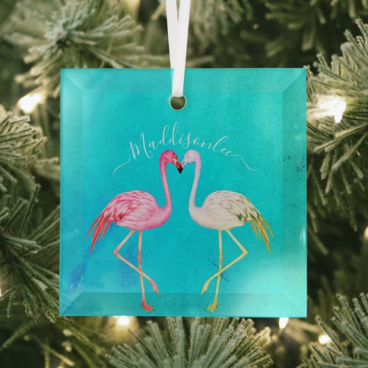 Tropische blauwgroen waterverf Monogram roze flami Glas Ornament (Insitu)