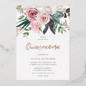 Tropische bleekroze rozen Quinceanera Partij Folie Uitnodiging (Voorkant)