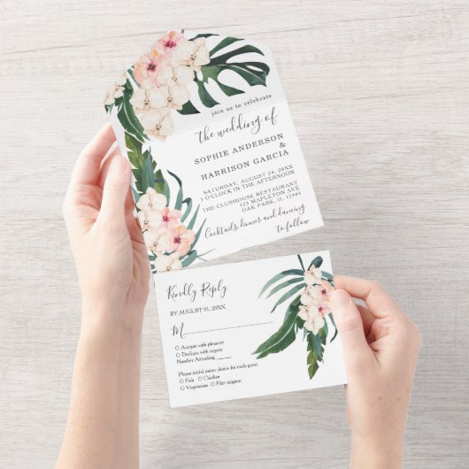 Tropische blindroze orchidee Waterverf bruiloft All In One Uitnodiging (Afscheurbaar)