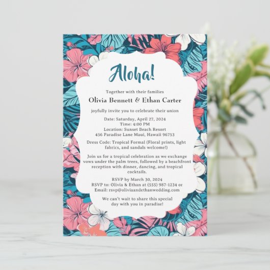 Tropische bloem bruiloft uitnodiging (Staand voorkant)
