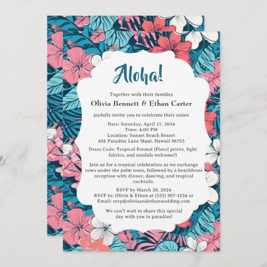 Tropische bloem bruiloft uitnodiging (Voorkant / Achterkant)